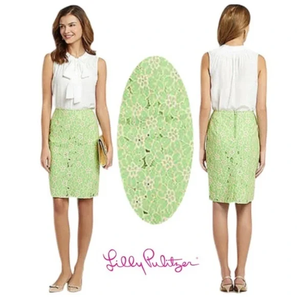 Lily Pulitzer pencil skirt floral lace size 2 lime green and light pink - Picture 3 of 9